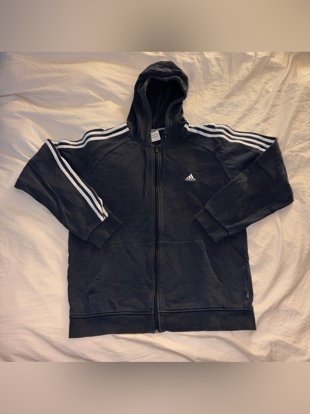 Adidas navy blue zip up cotton hoodie with white stripes on sleeves size L